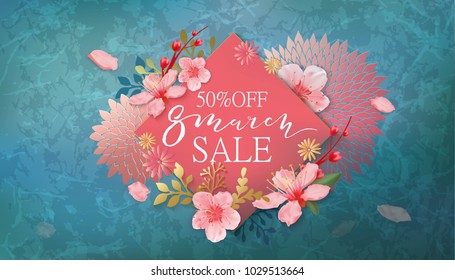 8 march sale banner with cherry blossoms, sakura, flowers, green marble, hand drawn floral design elements.