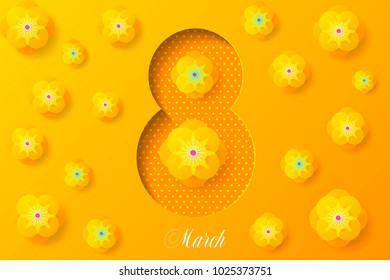 8 march sale banner template with paper cut floewrs, vector illustration