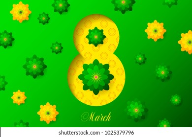 8 march sale banner template with paper cut floewrs, vector illustration