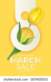 8 March sale banner with tulip Background Design. Template  for advertising, web, social media and fashion ads. Poster, flyer, greeting card, header for website  Vector Illustration. 