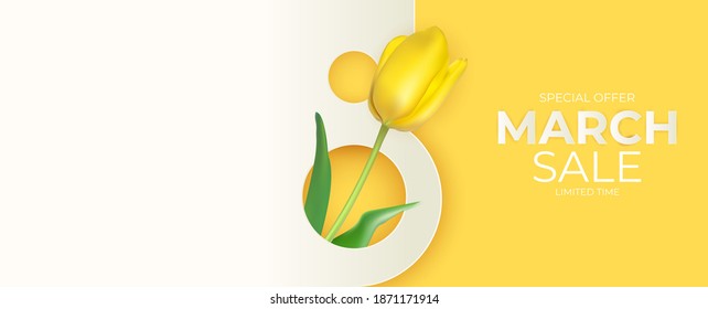 8 March Sale Banner With Tulip Background Design. Template  For Advertising, Web, Social Media And Fashion Ads. Poster, Flyer, Greeting Card, Header For Website  Vector Illustration.