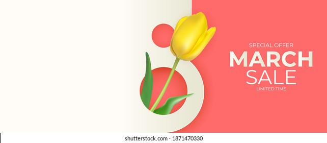 8 March Sale Banner With Tulip Background Design. Template  For Advertising, Web, Social Media And Fashion Ads. Poster, Flyer, Greeting Card, Header For Website  Vector Illustration.