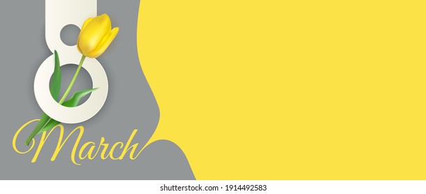 8 March sale banner with tulip Background Design. Template  for advertising, web, social media and fashion ads. Poster, flyer, greeting card, header for website  Copy space vector illustration
