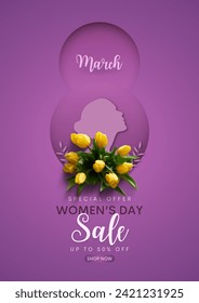 8 March sale banner with tulip Background Design for Women’s Day. Template for advertising, web, social media, fashion, etc.. Vector illustration.