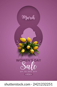 8 March sale banner with tulip Background Design for Women’s Day. Template for advertising, web, social media, fashion, etc.. Vector illustration.