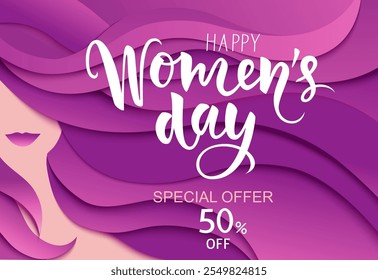 8 march sale design template. Young woman silhouette and lettering Happy Woman's Day special offer 50 % off text on long flowing female violet hair background. Vector stock illustration.