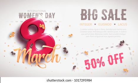 8 March sale flyer. International Women's Day. Happy Mother's Day. Number 8 with ribbon text and confetti on background. Vector Illustration.