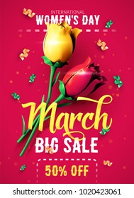 8 March sale flyer. International Women's Day. Happy Mother's Day. Flowers with confetti on red background. Vector Illustration.