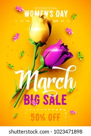 8 March sale flyer. International Women's Day. Happy Mother's Day. Flowers with confetti on red background. Vector Illustration.