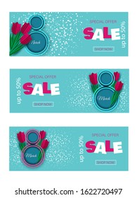 8 March Sale Invitations Set Happy Womens Day Background Horizontal Banner Beautiful Holiday discount banners Vector Illustration