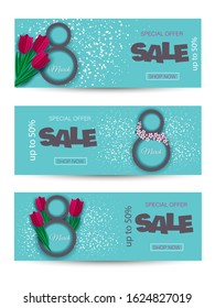 8 March Sale Invitations Set Happy Womens Day Background Horizontal Banner Beautiful Holiday discount banners Vector Illustration