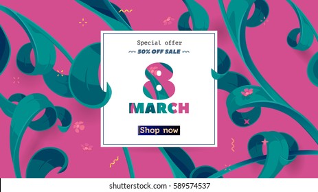 8 march sale offer. Woman and girl greeting frame with button and abstract floral decoration. Mother's day vector background. Text, tropical leaves in collage style. Special spring shop banner 50% off