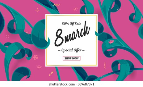 8 march sale offer. Woman and girl greeting frame with button and abstract floral decoration. Mother's day vector background. Text, tropical leaves in collage style. Special spring shop banner 80% off