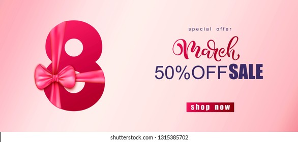 8 march sale shop banner. International women's day pink background.