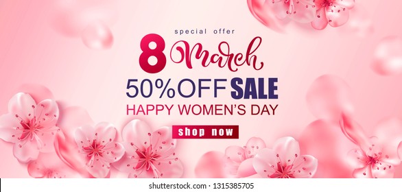 8 march sale shop banner. International women's day pink background.