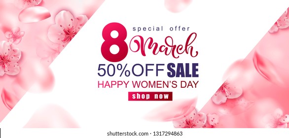 8 march sale shop banner. International women's day pink background with pink flowers. Sakura spring illustartion with place for text.