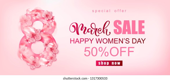 8 march sale shop banner. Pink sakura flowers.