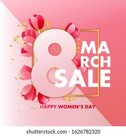 8 March sale vector illustration with red paper tulips.  Happy women's day hand crafted paper art composition.