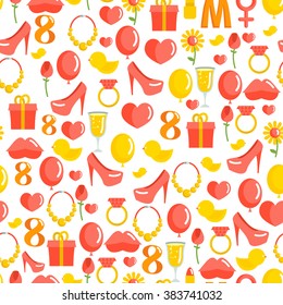 8 March seamless pattern. Background of gifts for holiday. Kiss and heart. Rose and ring. Glass of champagne and balloon. International women's day.
