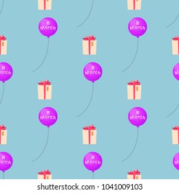 8 March seamless pattern with gift box and flying balloon vector illustration isolated on blue background. Wrapping decorative paper for holidays