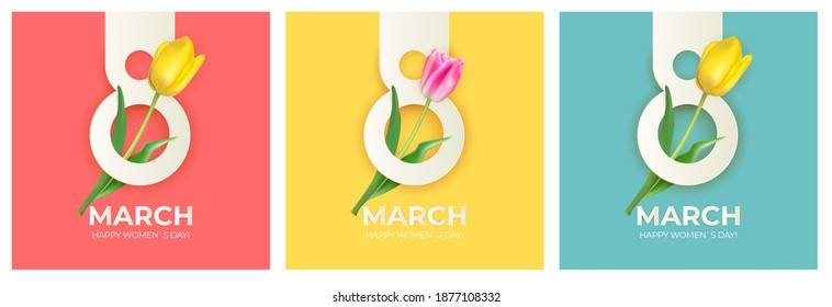 8 March set banner Background Design. Template  for advertising, web, social media and fashion ads. Poster, flyer, greeting card, header for website  Vector Illustration. 