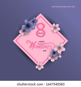 8 March sign and Abstract Pink Floral Greeting card.International Happy Women's Day.8th of March holiday background with Frame of Flowers .Trendy Design Template.Vector illustration.
