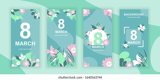 8 March social media stories design templates vector set, backgrounds with copyspace - Womens Day - backdrop for vertical banner, poster, greeting card - spring holiday congratulation concept