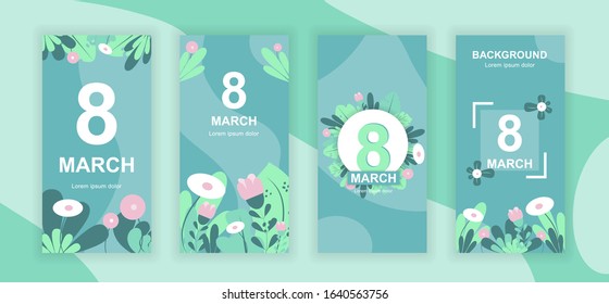 8 March social media stories design templates vector set, backgrounds with copyspace - Womens Day - backdrop for vertical banner, poster, greeting card - spring holiday congratulation concept