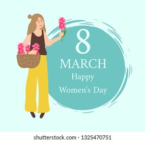 8 March spring holiday congrats, happy female, International womens day greeting card. Pretty girl holding basket full of pink flowers and vector watercolor dot
