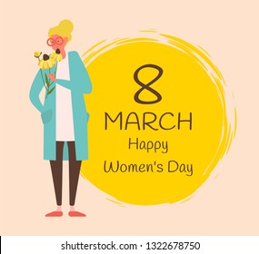 8 March spring holiday congratulations, vector lady and bouquet, daisies and female. Woman smelling beautiful yellow flowers, painted by brush circle