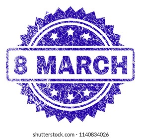 8 MARCH stamp watermark with corroded style. Blue vector rubber seal print of 8 MARCH caption with corroded texture.