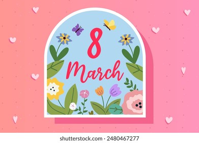 8 March sticker concept in flat cartoon design. This beautiful illustration features flowers and the inscription 8 March in the form of a sticker. Vector illustration.