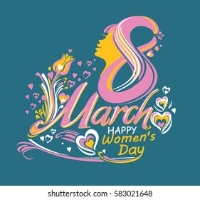 8 March. Stylish vector illustration. Vintage chic card with flower and hearts. 