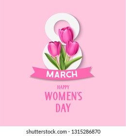 8 march symbol with pink ribbon and spring flowers. Happy Womens day. Vector illustration. Pink tulips