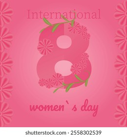 8 March symbol with spring flowers. International Women's Day pink background. Vector illustration. Eight for greeting card, flyer or brochure template