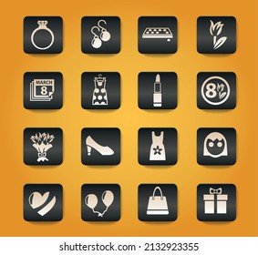 8 march symbols on black buttons on yellow background