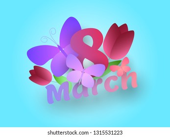 8 March template. Womens day 3D floral Banner with Paper cut butterflies and tulips. Decorative element for custom frame creation. Great for spring holiday celebration, Mothers day invitation. 