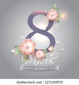 8 de marzo texto decorado con flores y perlas sobre fondo gris brillante para el diseño de tarjetas de felicitación del Día de la Mujer Feliz.