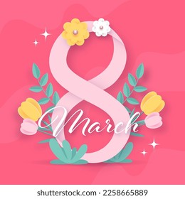 8 March Text Decorated With Paper Floral On Pastel Red Background For Happy Women's Day Concept.