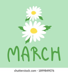 8 March text design with charmomile. Woman s Day. Template for a poster, cards, banner.