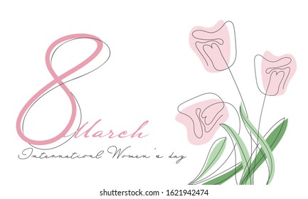 8 March Text with Doodle Style Tulip Flowers on White Background for International Women's Day.