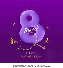 8 March Text With Golden Venus Symbol, Confetti Ribbons Decorated Purple Halftone Effect Background For Happy Women's Day Concept.