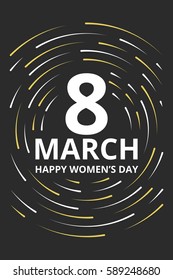 8 March trendy happy womens day on black background with white and yellow lines