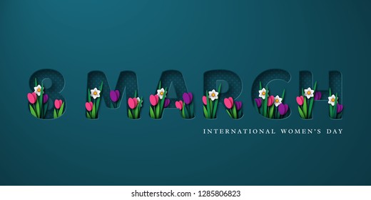 8 March typographic design for International Womens Day. 3d paper cut letters with spring flowers tulip and narcissus. Vector illustration.