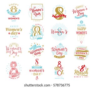 8 March typography set. Womens day. Vector typography, text design. Usable for banners, invitations, greeting cards gifts etc