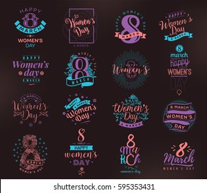 8 March typography set. Womens day. Vector typography, text design. Usable for banners, invitations, greeting cards gifts etc