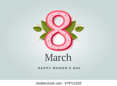 8 of March vector background design. Happy women day holiday banner layout. Greeting letter or postcard element with number eight symbol and leaves. Party or event headline template with text.