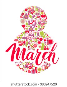 8 March vector card of icons.