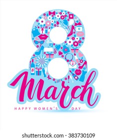 8 March vector card of icons.