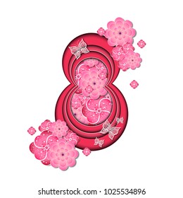 8 March vector design. Template for International Women's Day card, poster, banner with space for text. Cutting shapes out of paper. Layers, number eight, flowers and butterflies.